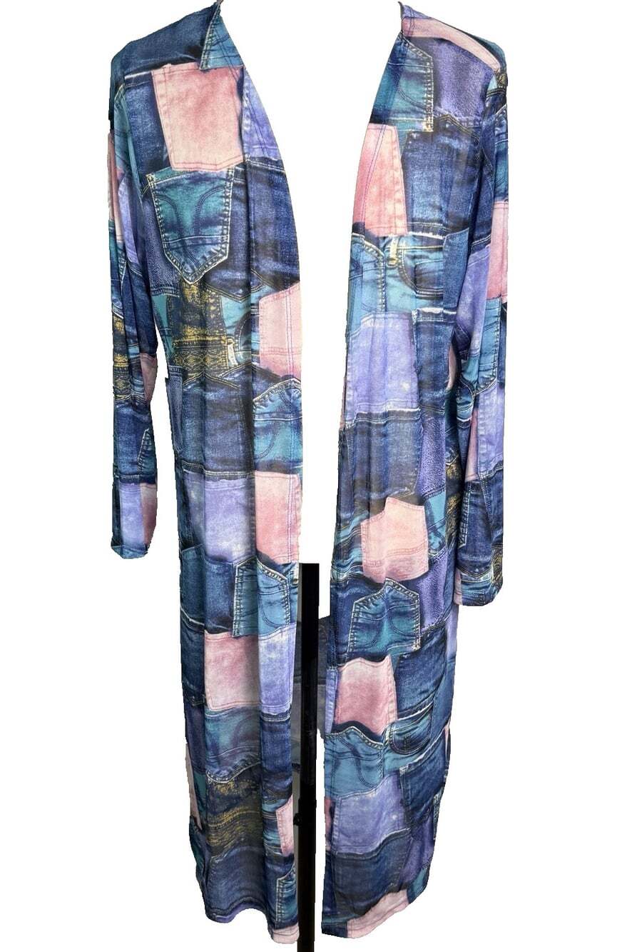 Love Plus 3X Mesh Duster Cardigan Patchwork Denim Print Sheer Long Kimono NWT